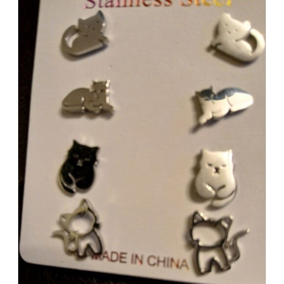 4 Pair Tiny Stainless Steel Kitty Cat Kitten earrings - Picture 2 of 3